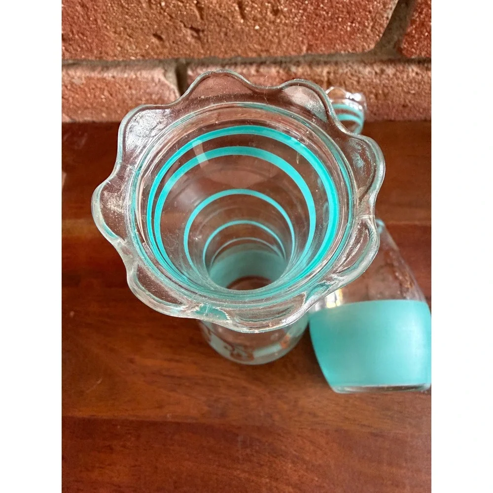 Vintage Midcentury Art Glass Vases – Aqua Spiral Swirl, Gold Scroll Accents